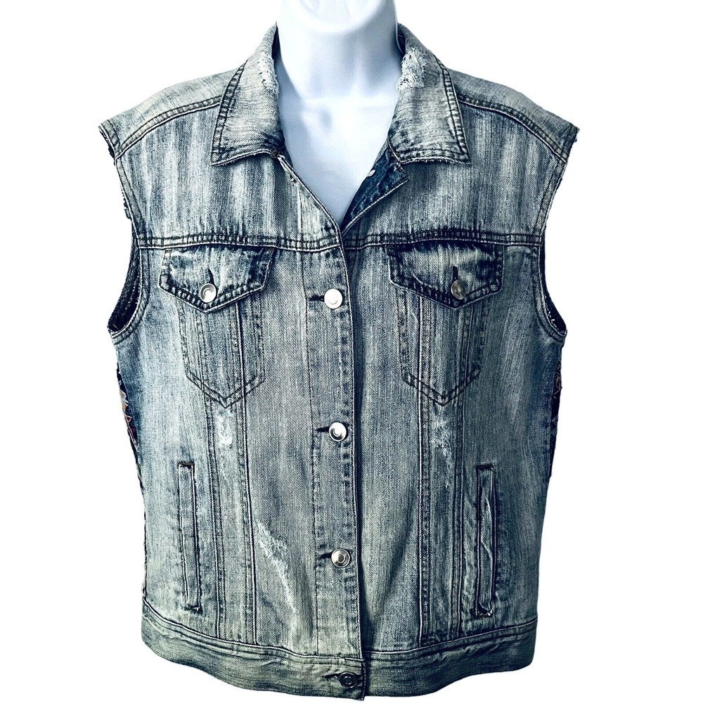 BAGATELLE Heritage Sz S Denim Vest Sleeveless Distressed Embroidered Bac… - Picture 2 of 10